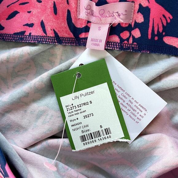 Lilly Pulitzer Kemi Night Caw Indigo & Pink Floral MIDI Skirt Size Small‎ NWT - Picture 8 of 10